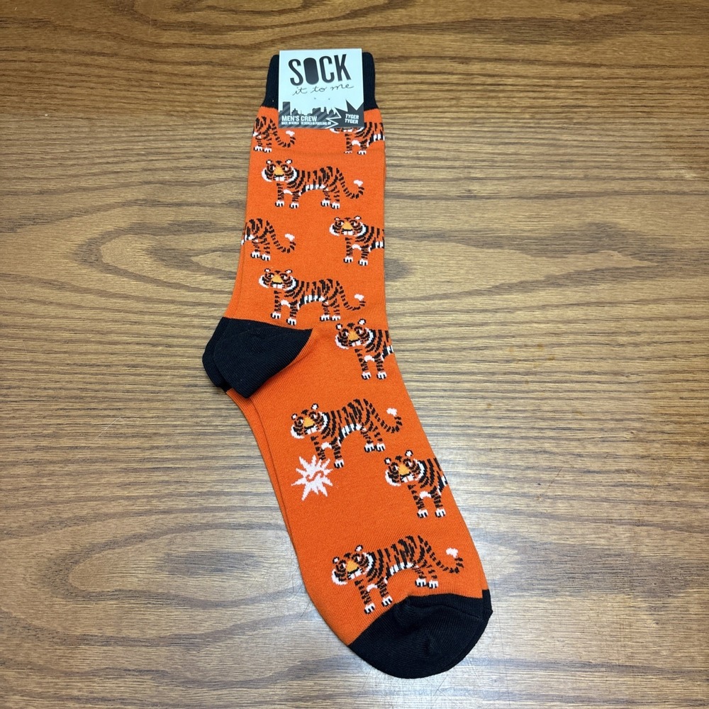 Sock It To Me Tyger Tyger Mens Crew Socks Orange Tiger Animal Print Novelty NWT